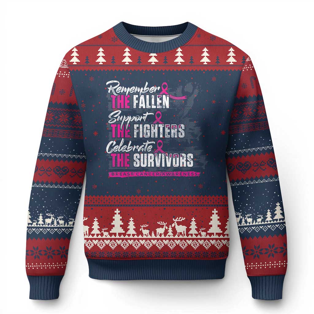 Breast Cancer Awareness Ugly Christmas Sweater Remember The Fallen Support The Fighters TS02 Navy Red Print Your Wear