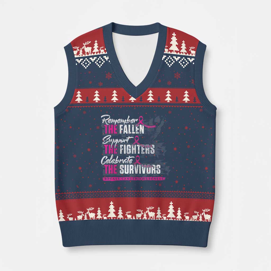 Breast Cancer Awareness V-Neck Knit Sweater Vest Remember The Fallen Support The Fighters TS02 Navy Red Print Your Wear
