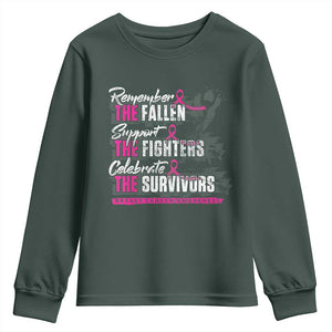 Breast Cancer Awareness Youth Sweatshirt Remember The Fallen Support The Fighters TS02 Dark Forest Green Print Your Wear