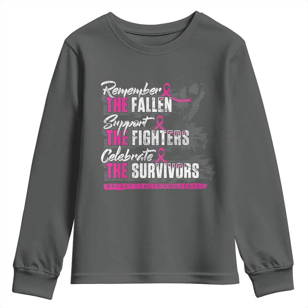Breast Cancer Awareness Youth Sweatshirt Remember The Fallen Support The Fighters TS02 Dark Heather Print Your Wear