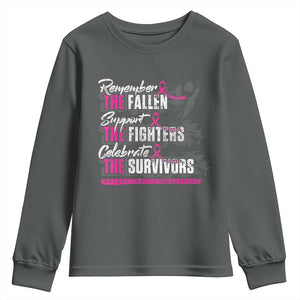 Breast Cancer Awareness Youth Sweatshirt Remember The Fallen Support The Fighters TS02 Dark Heather Print Your Wear