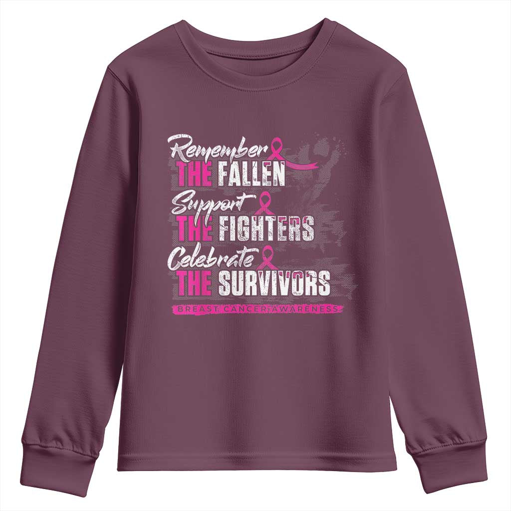 Breast Cancer Awareness Youth Sweatshirt Remember The Fallen Support The Fighters TS02 Maroon Print Your Wear
