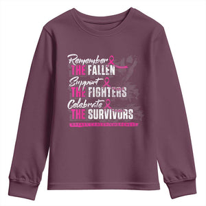 Breast Cancer Awareness Youth Sweatshirt Remember The Fallen Support The Fighters TS02 Maroon Print Your Wear