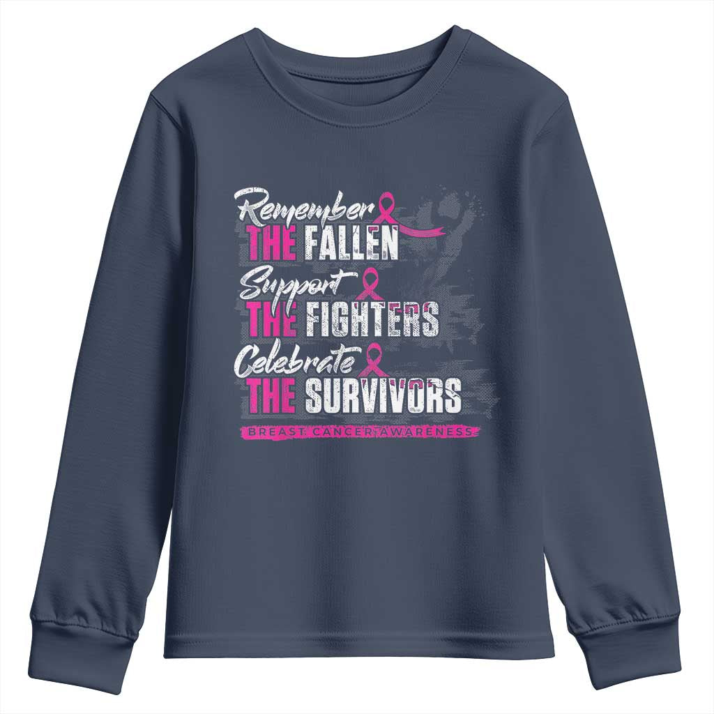 Breast Cancer Awareness Youth Sweatshirt Remember The Fallen Support The Fighters TS02 Navy Print Your Wear