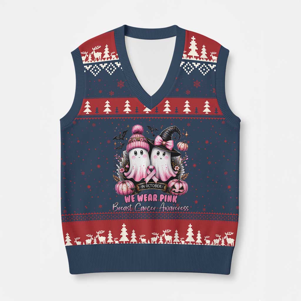 Breast Cancer Awareness Witch V-Neck Knit Sweater Vest In October We Wear Pink Ghost Witch TS02 Navy Red Print Your Wear