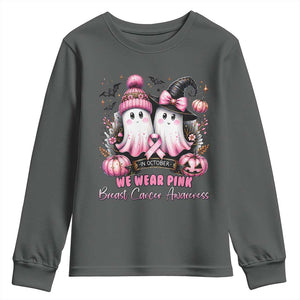 Breast Cancer Awareness Witch Youth Sweatshirt In October We Wear Pink Ghost Witch TS02 Dark Heather Print Your Wear