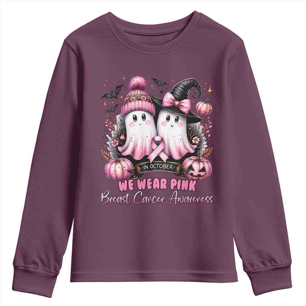 Breast Cancer Awareness Witch Youth Sweatshirt In October We Wear Pink Ghost Witch TS02 Maroon Print Your Wear