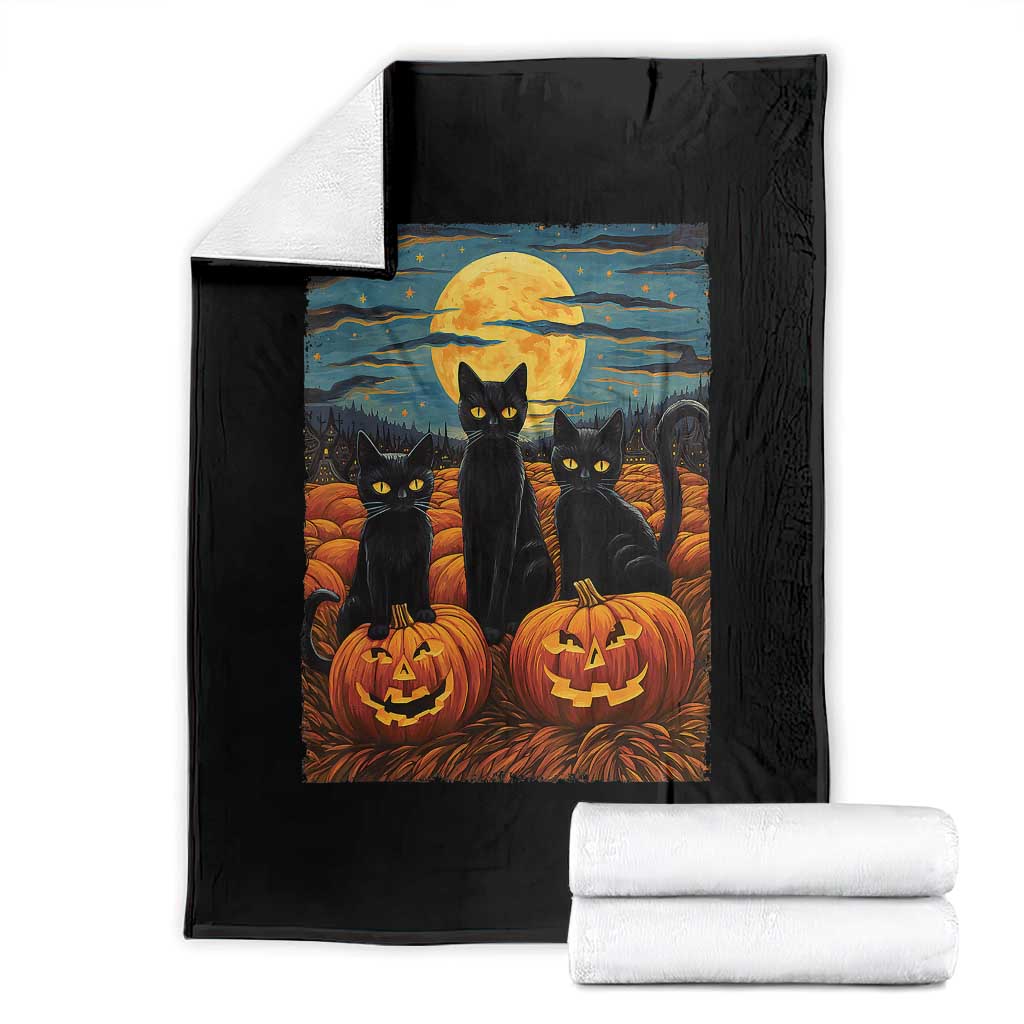 Black Cat Halloween Throw Blanket Starry Night Van Gogh Inspo TS02 Black Print Your Wear