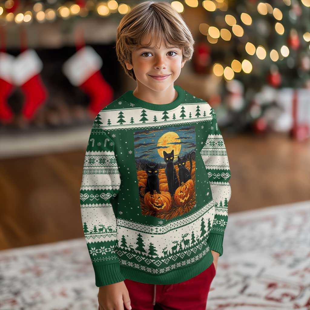 Black Cat Halloween Ugly Christmas Sweater Starry Night Van Gogh Inspo TS02 Forest Green Beige Print Your Wear