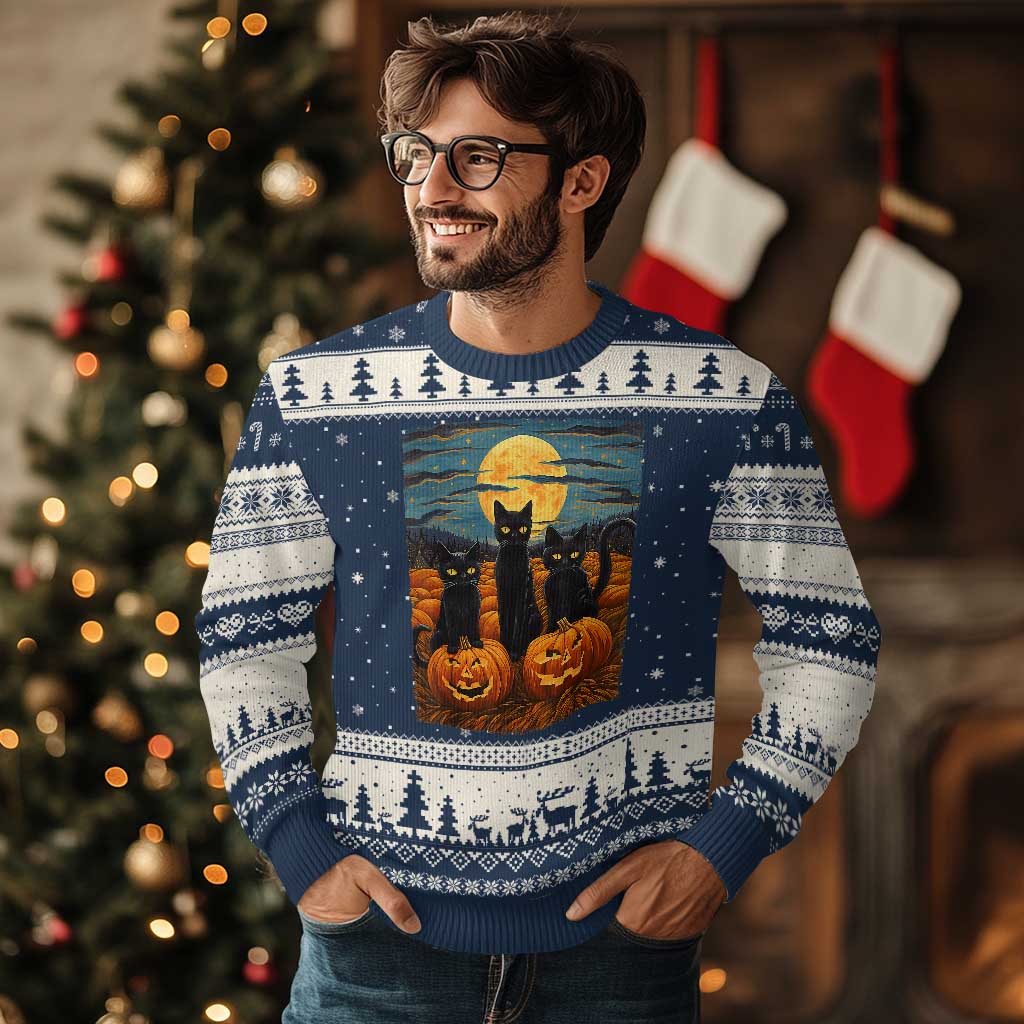 Black Cat Halloween Ugly Christmas Sweater Starry Night Van Gogh Inspo TS02 Navy Beige Print Your Wear