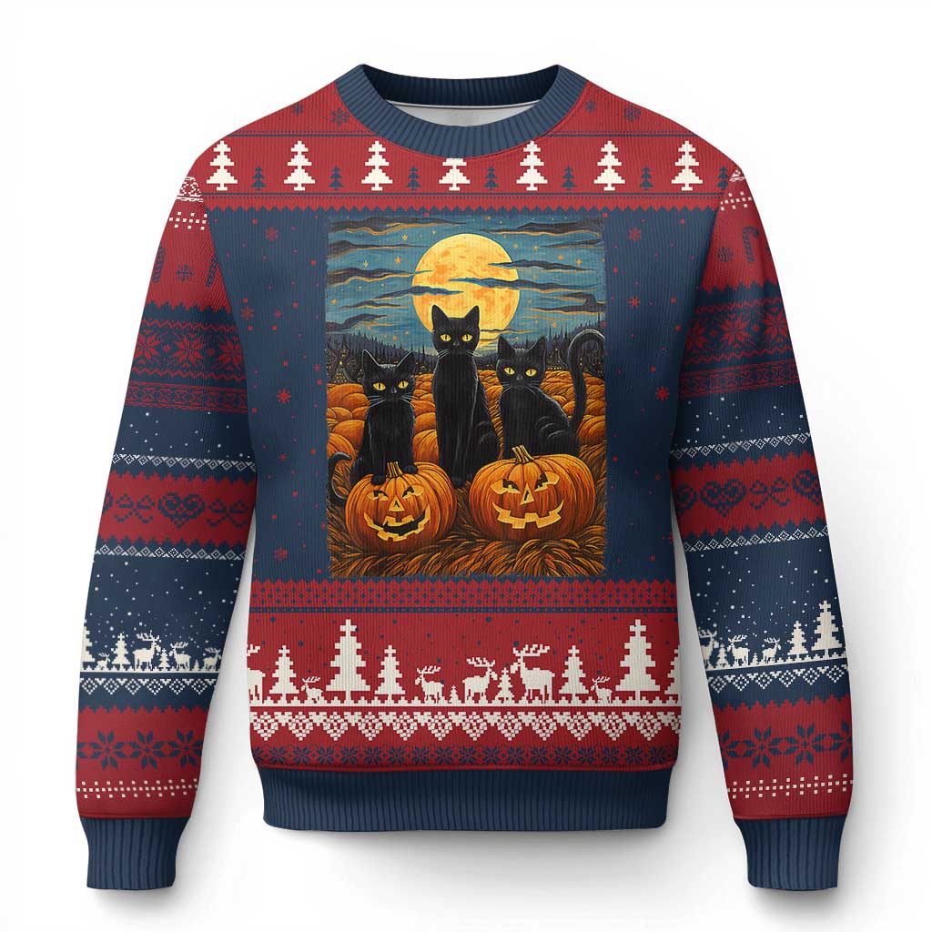 Black Cat Halloween Ugly Christmas Sweater Starry Night Van Gogh Inspo TS02 Navy Red Print Your Wear
