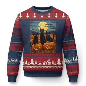 Black Cat Halloween Ugly Christmas Sweater Starry Night Van Gogh Inspo TS02 Navy Red Print Your Wear