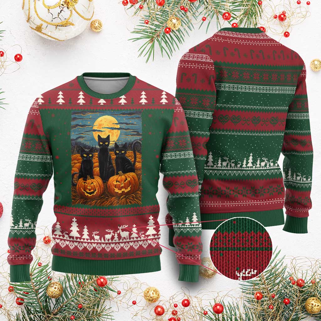 Black Cat Halloween Ugly Christmas Sweater Starry Night Van Gogh Inspo TS02 Red Green Print Your Wear