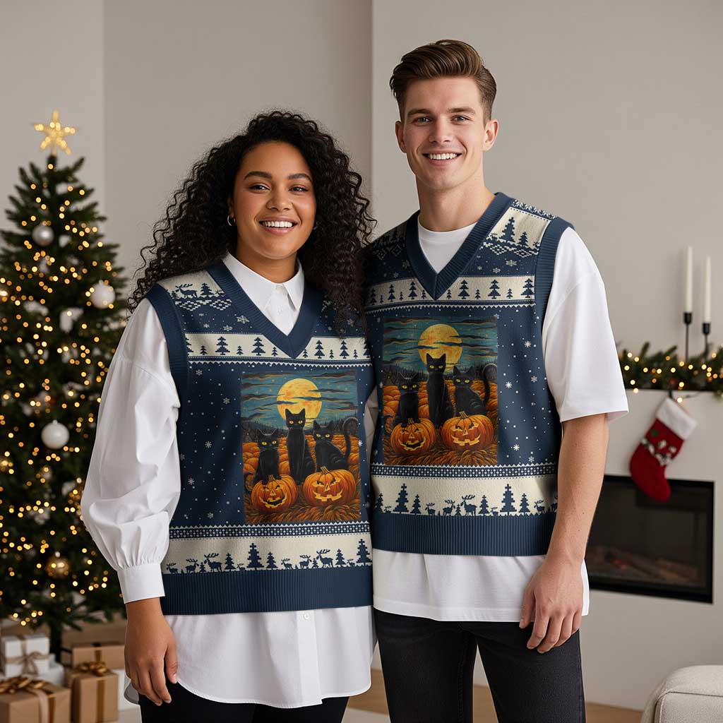 Black Cat Halloween V-Neck Knit Sweater Vest Starry Night Van Gogh Inspo TS02 Navy Beige Print Your Wear