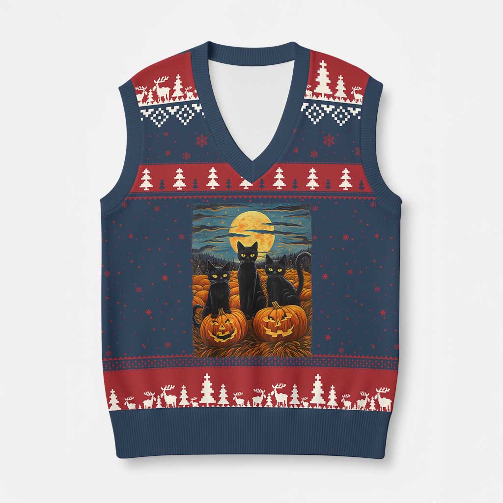 Black Cat Halloween V-Neck Knit Sweater Vest Starry Night Van Gogh Inspo TS02 Navy Red Print Your Wear