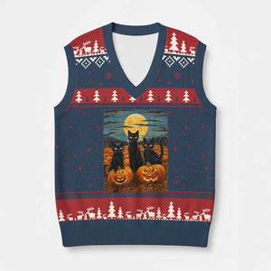 Black Cat Halloween V-Neck Knit Sweater Vest Starry Night Van Gogh Inspo TS02 Navy Red Print Your Wear