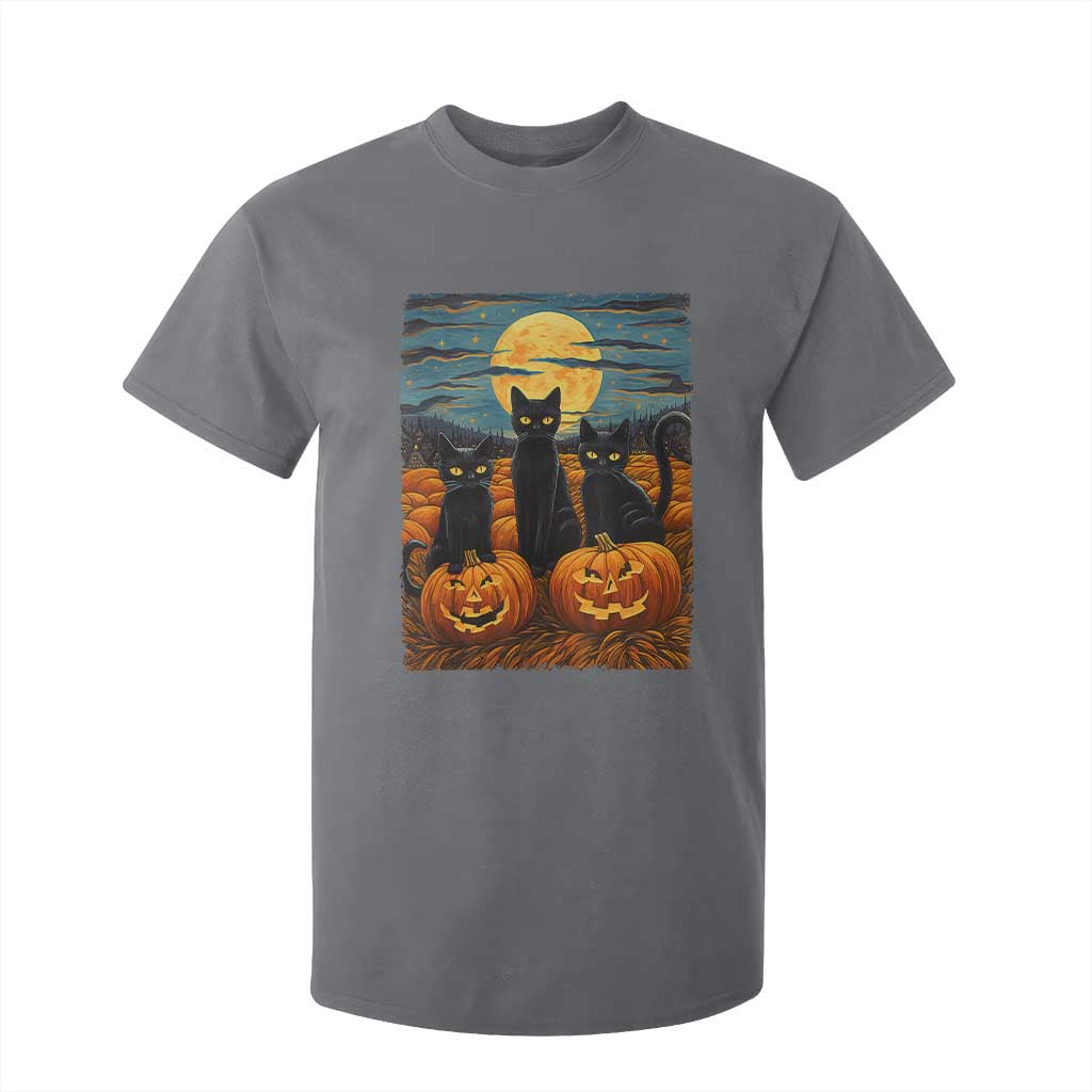 Black Cat Halloween T Shirt For Kid Starry Night Van Gogh Inspo TS02 Charcoal Print Your Wear