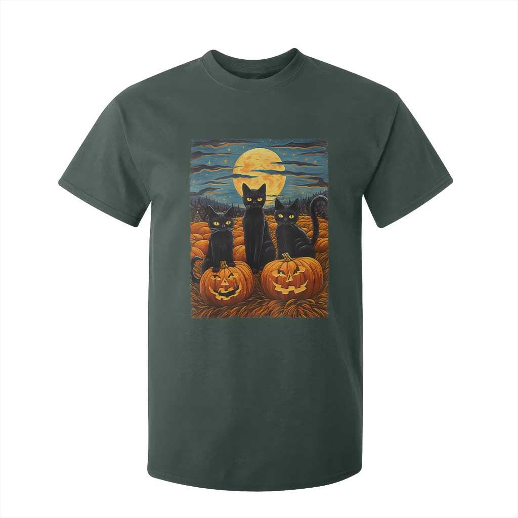 Black Cat Halloween T Shirt For Kid Starry Night Van Gogh Inspo TS02 Dark Forest Green Print Your Wear