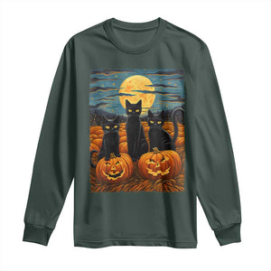 Black Cat Halloween Long Sleeve Shirt Starry Night Van Gogh Inspo TS02 Dark Forest Green Print Your Wear