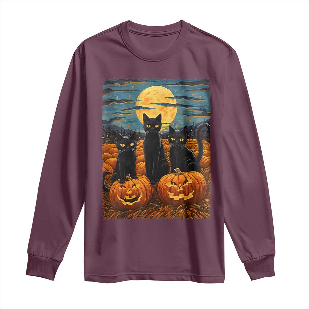 Black Cat Halloween Long Sleeve Shirt Starry Night Van Gogh Inspo TS02 Maroon Print Your Wear