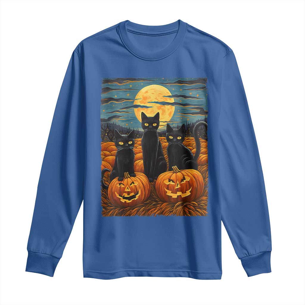 Black Cat Halloween Long Sleeve Shirt Starry Night Van Gogh Inspo TS02 Royal Blue Print Your Wear