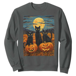 Black Cat Halloween Sweatshirt Starry Night Van Gogh Inspo TS02 Dark Heather Print Your Wear