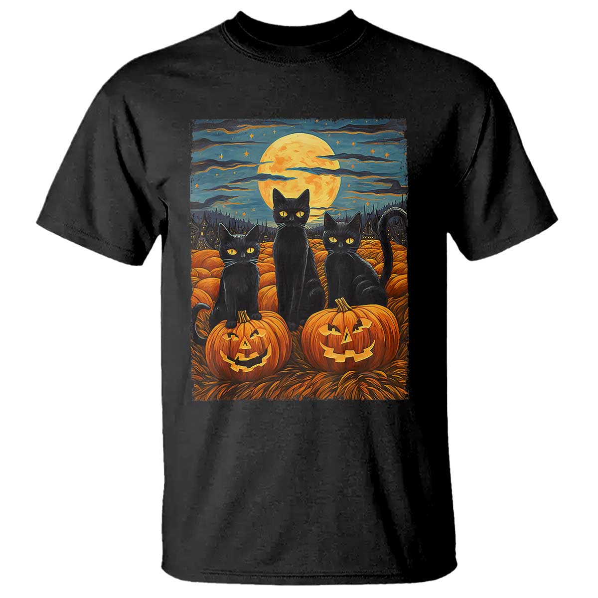 Black Cat Halloween T Shirt Starry Night Van Gogh Inspo TS02 Black Print Your Wear