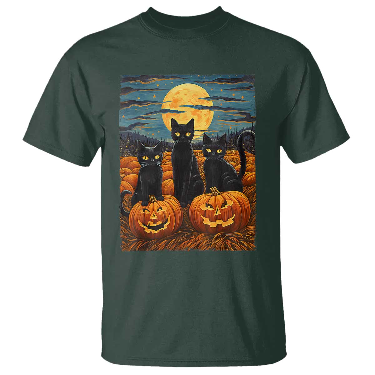 Black Cat Halloween T Shirt Starry Night Van Gogh Inspo TS02 Dark Forest Green Print Your Wear