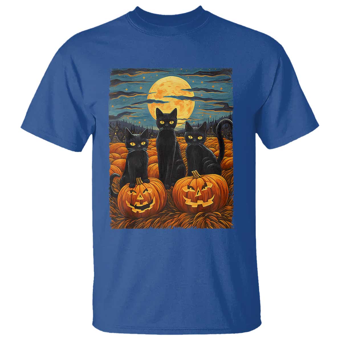 Black Cat Halloween T Shirt Starry Night Van Gogh Inspo TS02 Royal Blue Print Your Wear