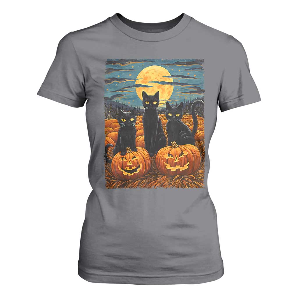 Black Cat Halloween T Shirt For Women Starry Night Van Gogh Inspo TS02 Charcoal Print Your Wear