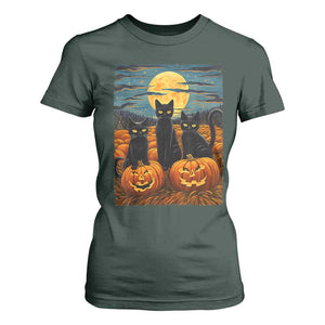 Black Cat Halloween T Shirt For Women Starry Night Van Gogh Inspo TS02 Dark Forest Green Print Your Wear