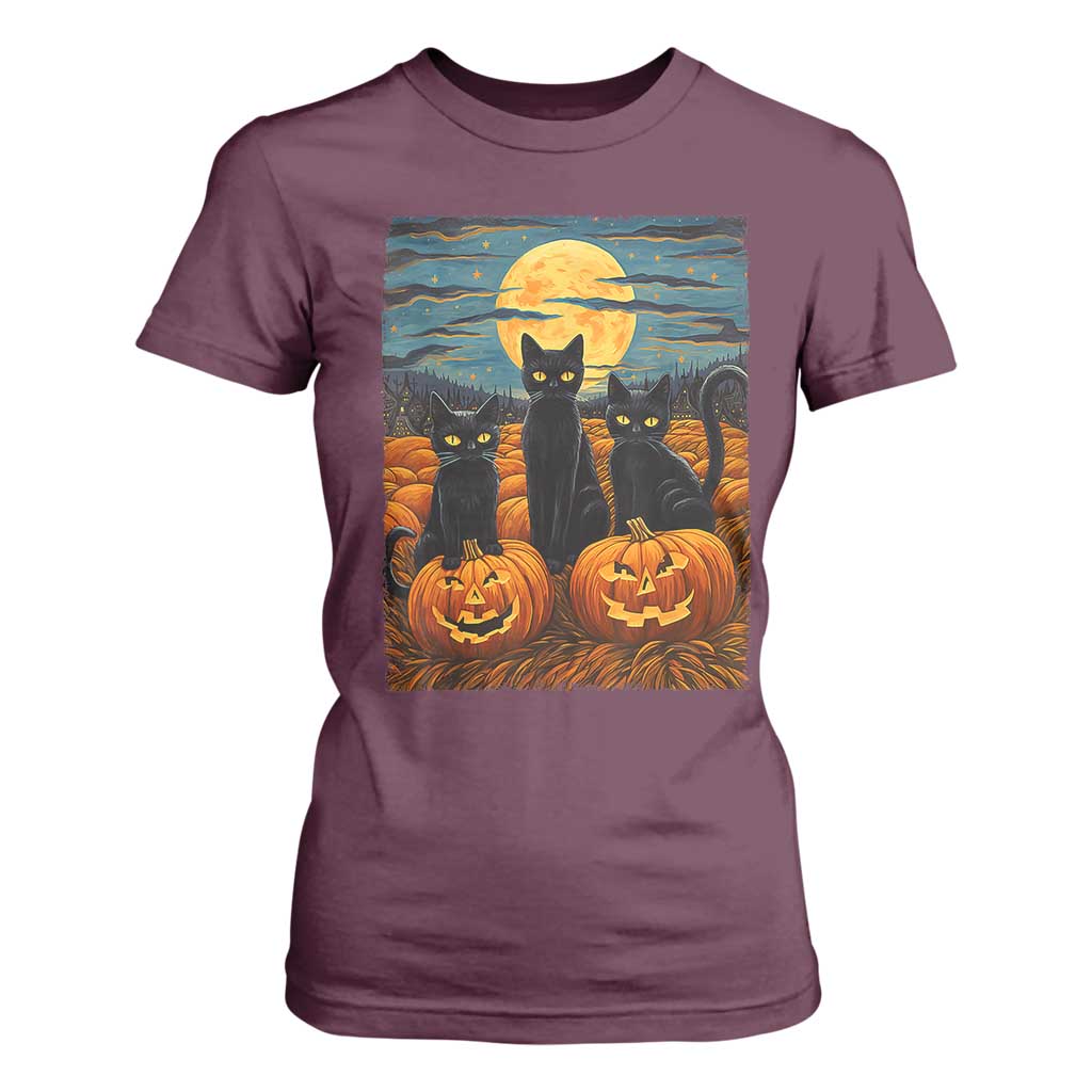 Black Cat Halloween T Shirt For Women Starry Night Van Gogh Inspo TS02 Maroon Print Your Wear