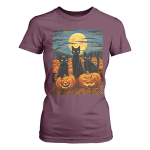 Black Cat Halloween T Shirt For Women Starry Night Van Gogh Inspo TS02 Maroon Print Your Wear