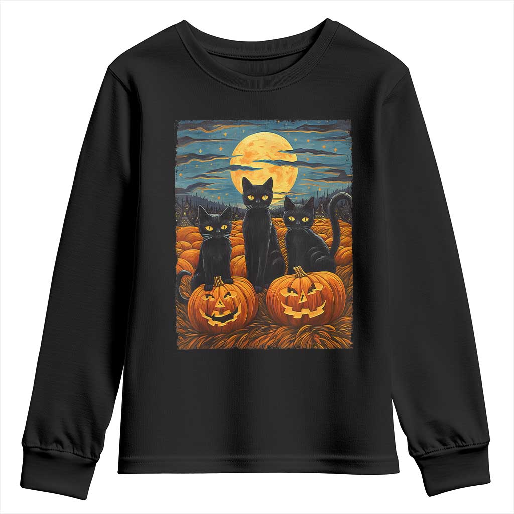 Black Cat Halloween Youth Sweatshirt Starry Night Van Gogh Inspo TS02 Black Print Your Wear