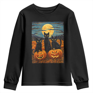 Black Cat Halloween Youth Sweatshirt Starry Night Van Gogh Inspo TS02 Black Print Your Wear