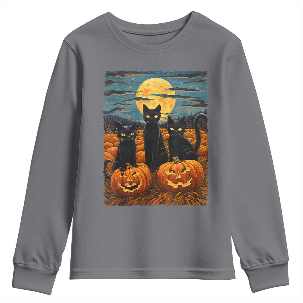 Black Cat Halloween Youth Sweatshirt Starry Night Van Gogh Inspo TS02 Charcoal Print Your Wear