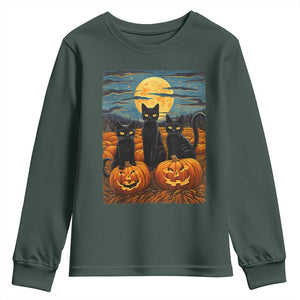 Black Cat Halloween Youth Sweatshirt Starry Night Van Gogh Inspo TS02 Dark Forest Green Print Your Wear