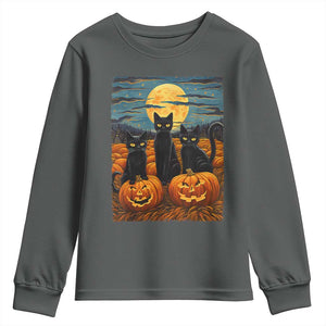 Black Cat Halloween Youth Sweatshirt Starry Night Van Gogh Inspo TS02 Dark Heather Print Your Wear