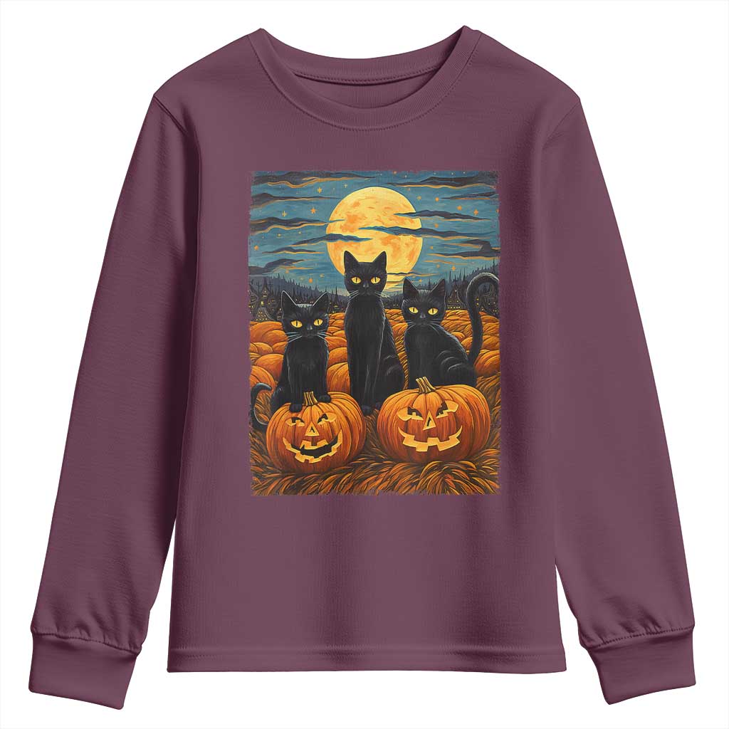 Black Cat Halloween Youth Sweatshirt Starry Night Van Gogh Inspo TS02 Maroon Print Your Wear