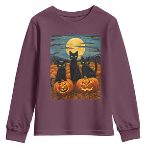 Black Cat Halloween Youth Sweatshirt Starry Night Van Gogh Inspo TS02 Maroon Print Your Wear