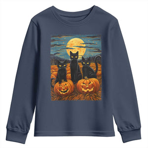 Black Cat Halloween Youth Sweatshirt Starry Night Van Gogh Inspo TS02 Navy Print Your Wear