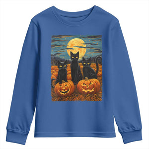 Black Cat Halloween Youth Sweatshirt Starry Night Van Gogh Inspo TS02 Royal Blue Print Your Wear