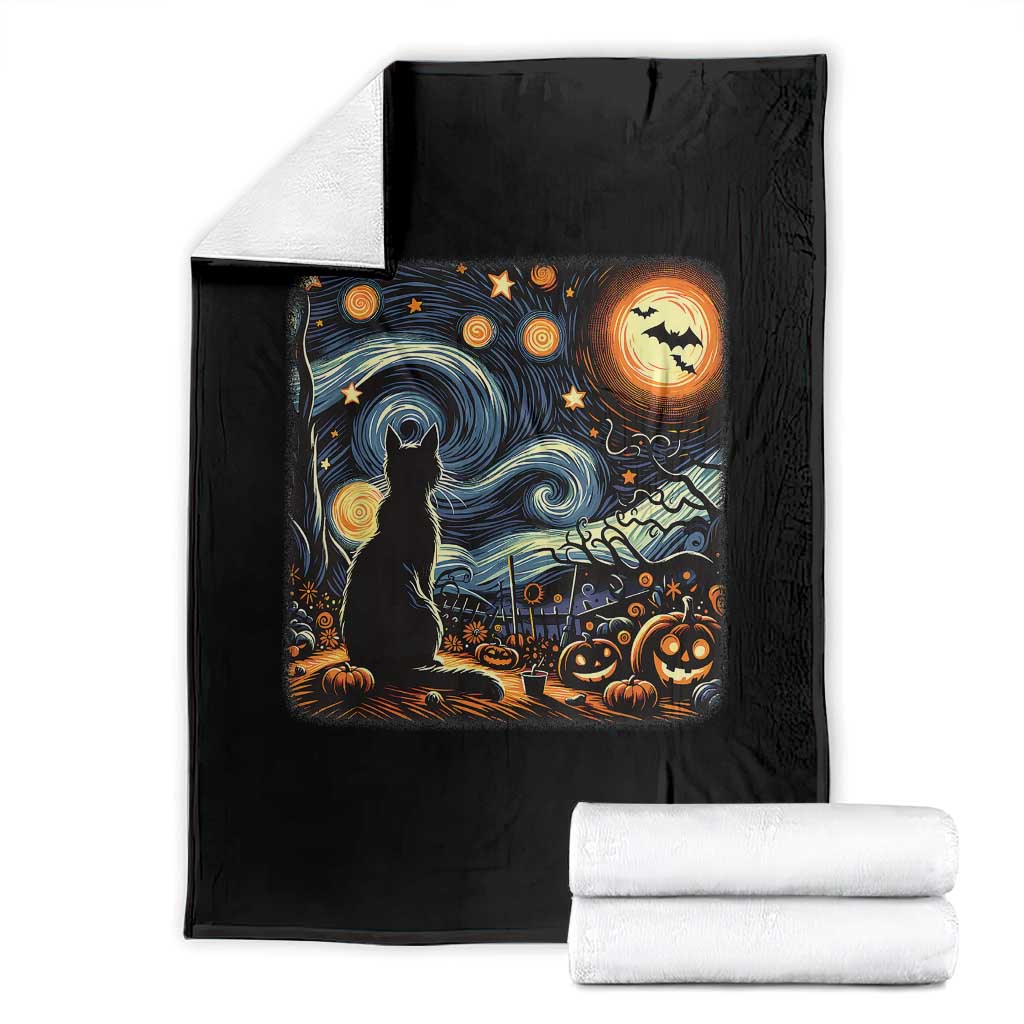 Black Cat Halloween Throw Blanket Starry Night Lover Van Gogh Inspo TS02 Black Print Your Wear