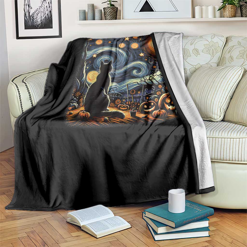 Black Cat Halloween Throw Blanket Starry Night Lover Van Gogh Inspo TS02 Print Your Wear
