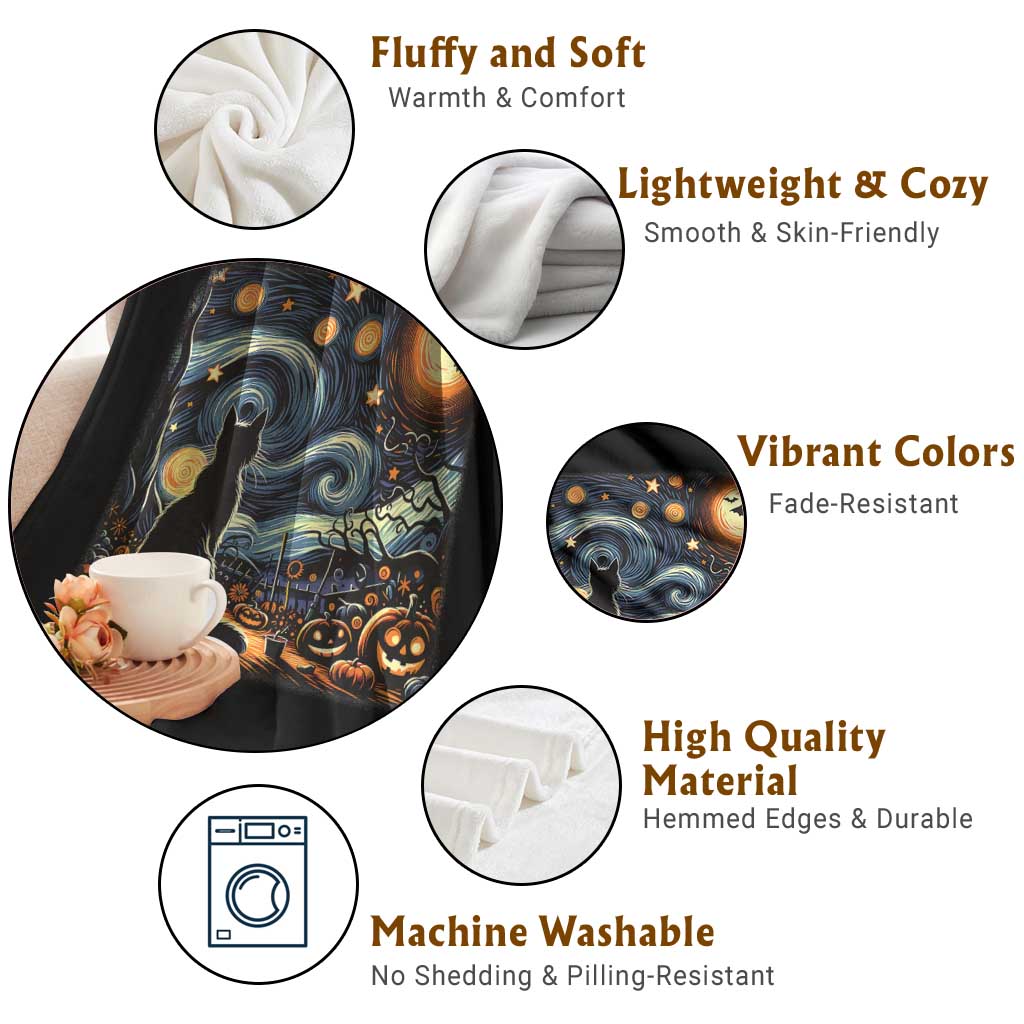 Black Cat Halloween Throw Blanket Starry Night Lover Van Gogh Inspo TS02 Print Your Wear