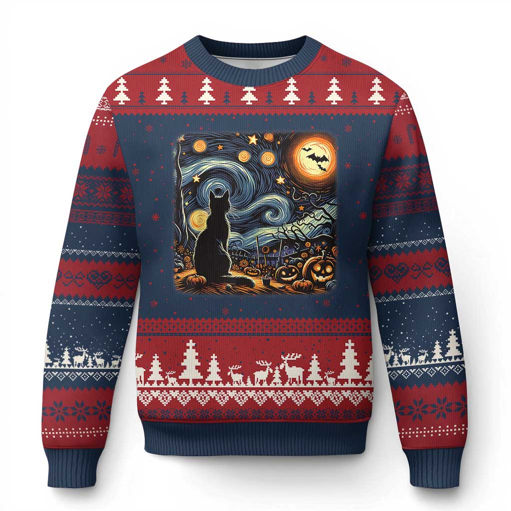 Black Cat Halloween Ugly Christmas Sweater Starry Night Lover Van Gogh Inspo TS02 Navy Red Print Your Wear