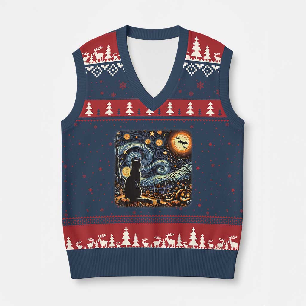 Black Cat Halloween V-Neck Knit Sweater Vest Starry Night Lover Van Gogh Inspo TS02 Navy Red Print Your Wear