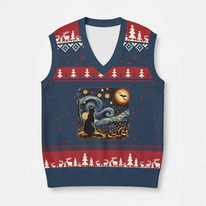 Black Cat Halloween V-Neck Knit Sweater Vest Starry Night Lover Van Gogh Inspo TS02 Navy Red Print Your Wear