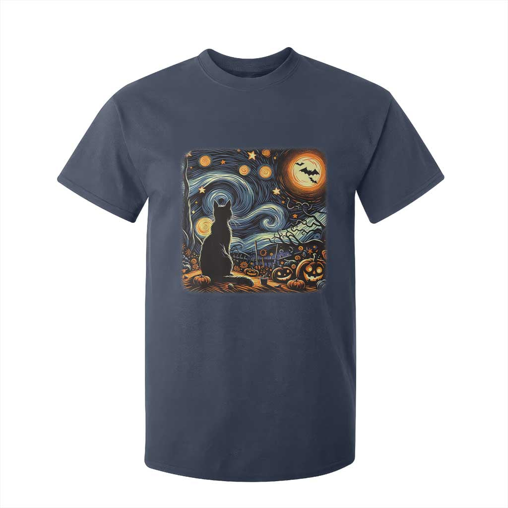 Black Cat Halloween T Shirt For Kid Starry Night Lover Van Gogh Inspo TS02 Navy Print Your Wear