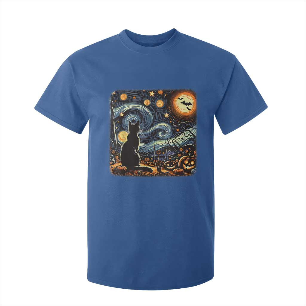 Black Cat Halloween T Shirt For Kid Starry Night Lover Van Gogh Inspo TS02 Royal Blue Print Your Wear